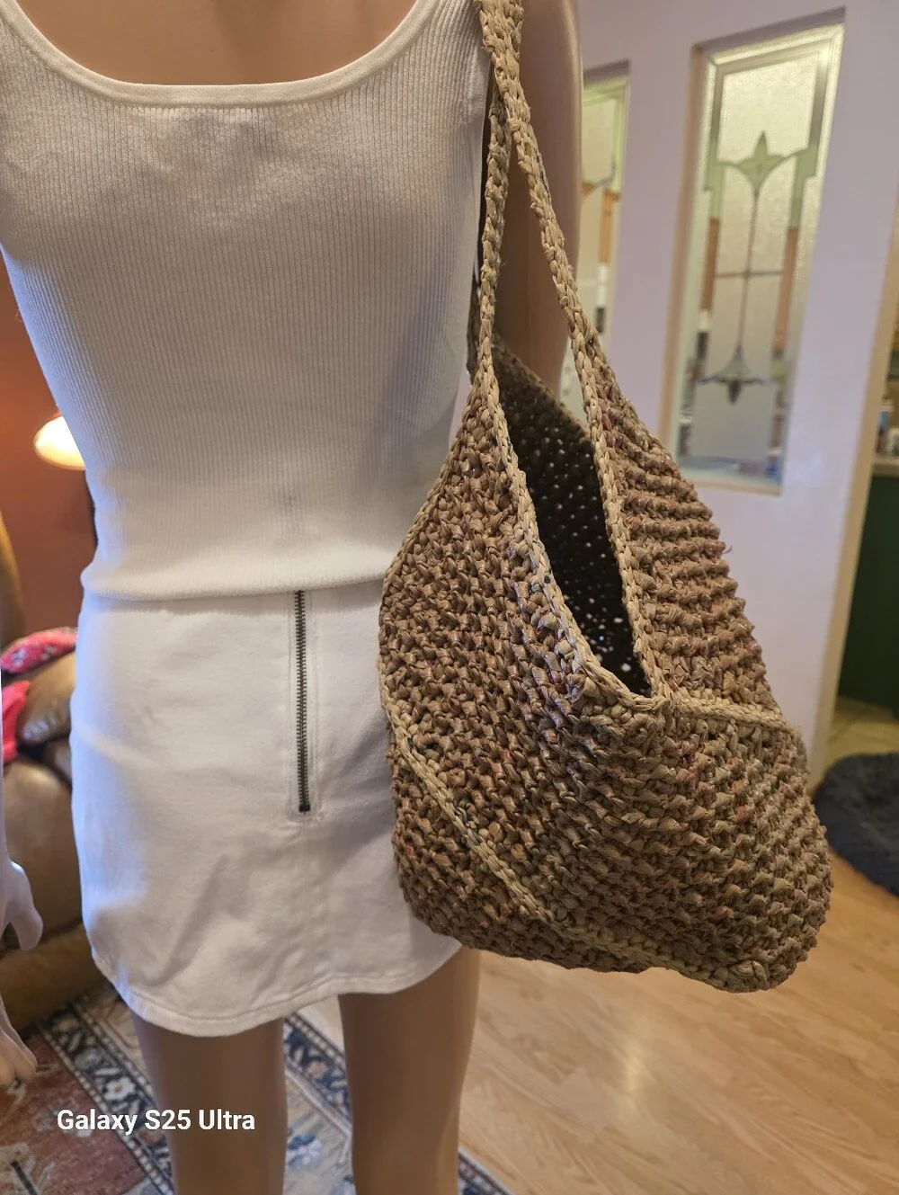 Upcycled Woven Plarn Tote Bag Eco-Friendly Boho Double Strap Shoulder Bag
